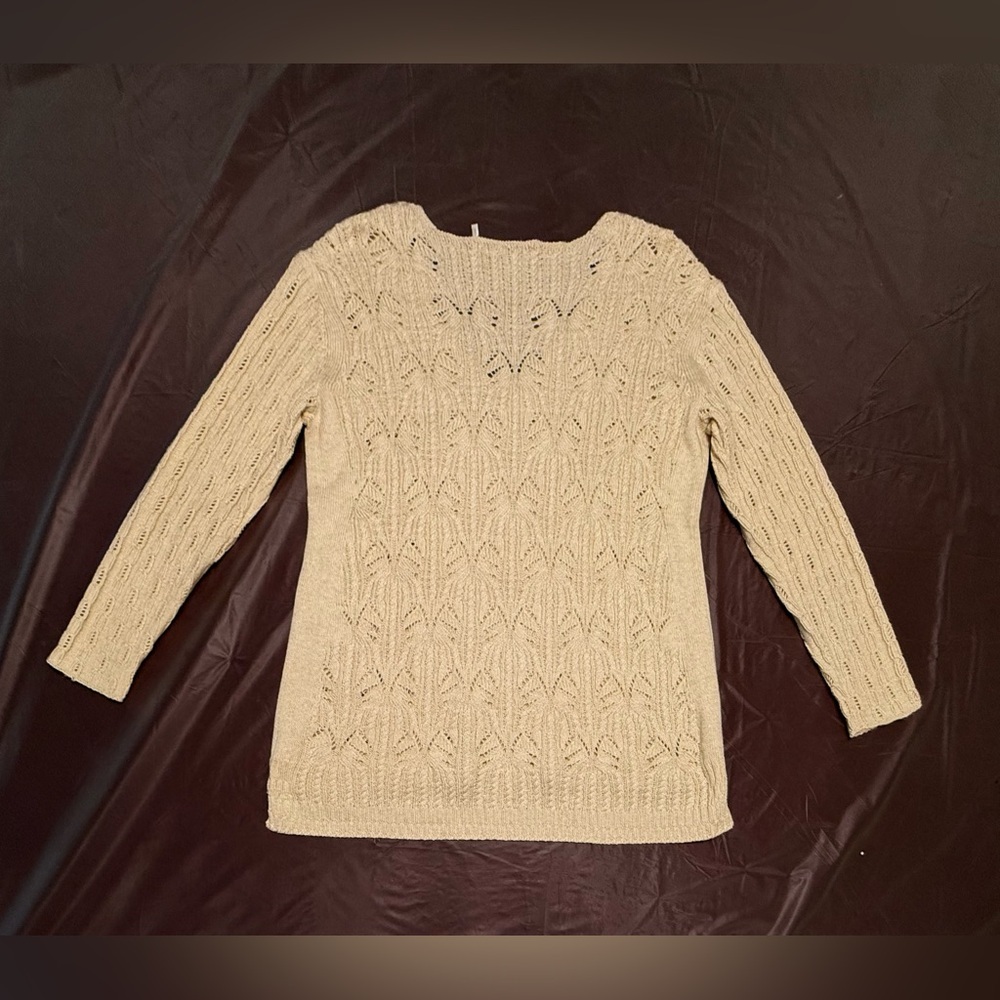NIC+ZOE Cream V-Neck Open-weave Cable Knot Crochet 3/4 Sleeve Sweater Small - Picture 3 of 9